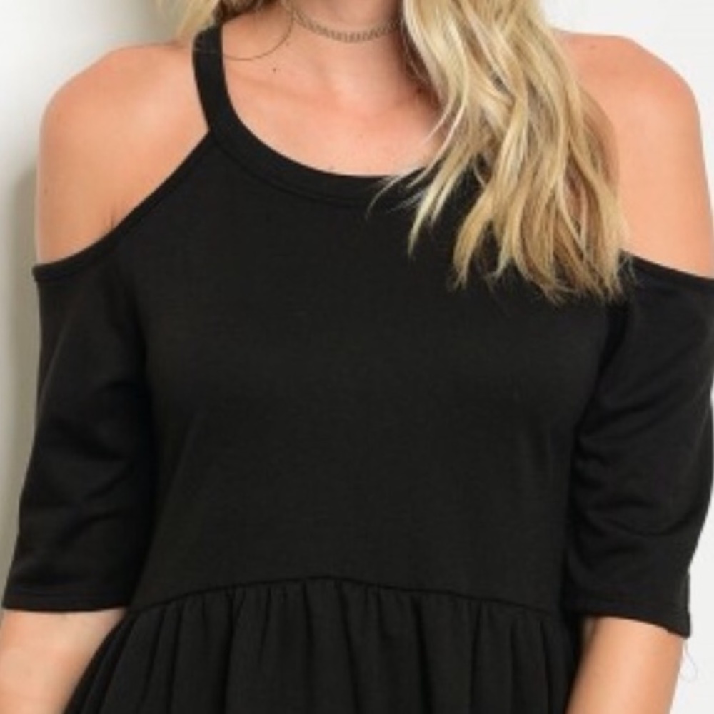 Little flowy Black Cold Shoulder comfy mini Dress Small S Large L - Picture 2 of 5